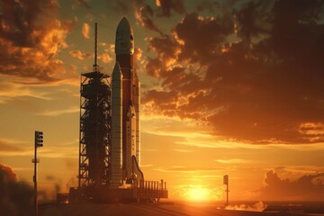 A large rocket sits on top of a runway, ready for launch