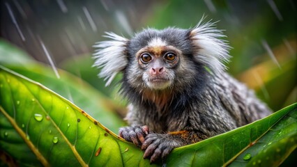 A marmoset clings to a dripping leaf, its small hands grasping balance as vibrant green foliage blurs in the background, emphasizing soft fur and inquisitive gaze.