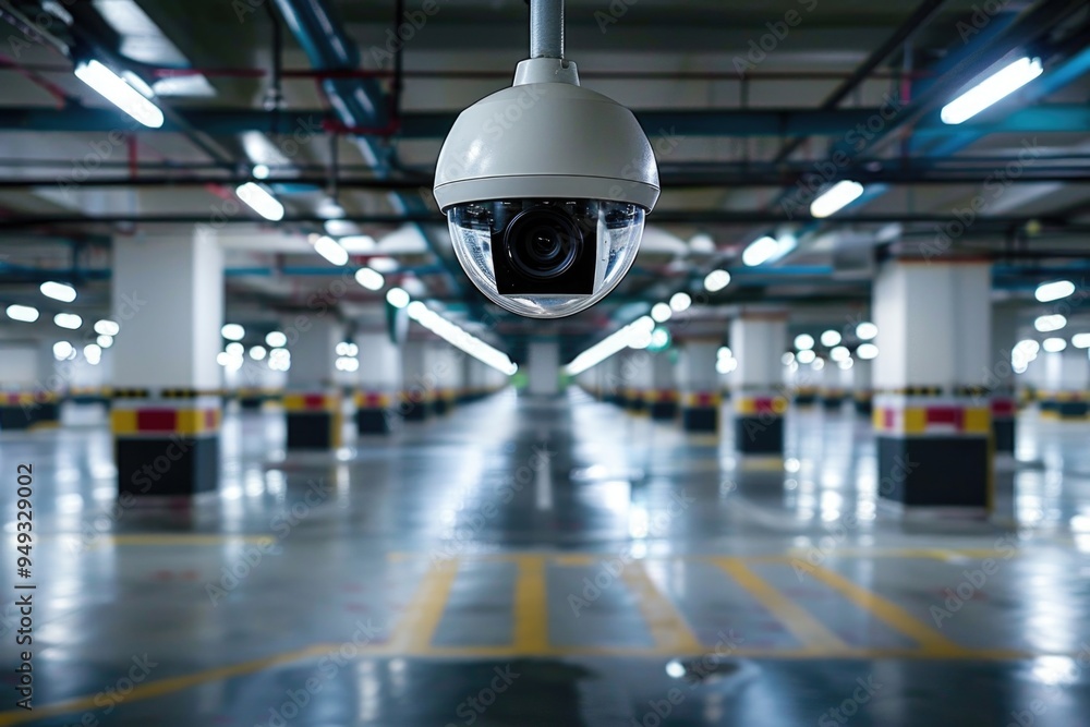 Poster a camera installed on the ceiling of a parking garage, capturing footage from above