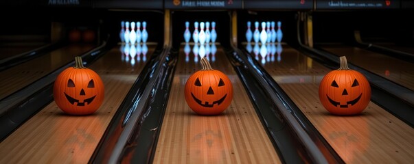 Haunted bowling with pumpkins as bowling balls and ghosts as pins, set in a spooky alley, Halloween sport, haunted bowling
