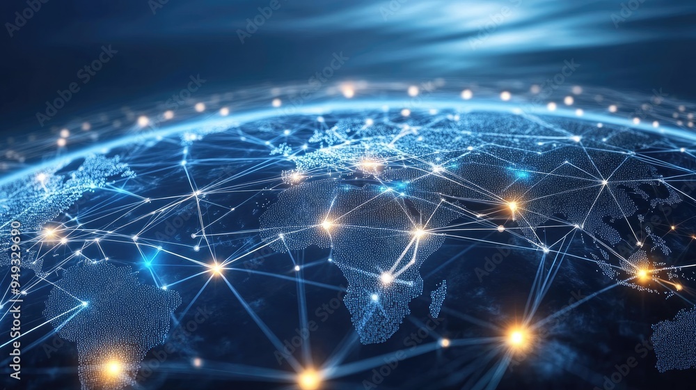 Poster digital illustration of a global network connection, showcasing interconnected data points and commu