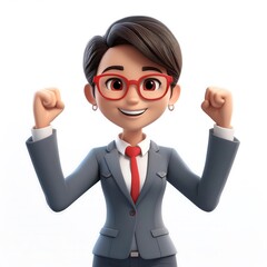 Office worker Happy Woman person successful fists up 3d style cartoon character on white background.