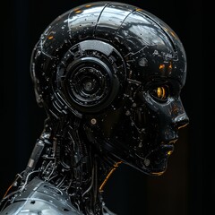 Futuristic Cyborg Head Close up with Glowing Eye