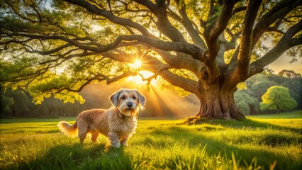 Ancient oak branches stretch towards the sun, casting dappled shadows on emerald grass, as a Dandie Dinmont Terrier mix, with rusty coat shining, frolics carefree in golden light.