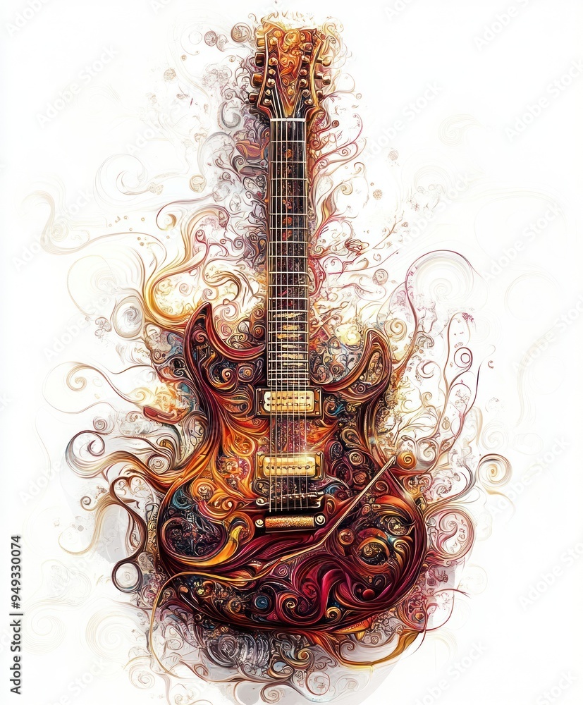 Poster A beautifully ornate electric guitar with intricate designs and vibrant colors.