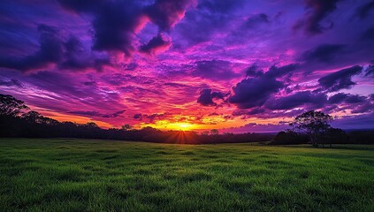 Fototapeta premium A vibrant purple and pink sunset over an English countryside