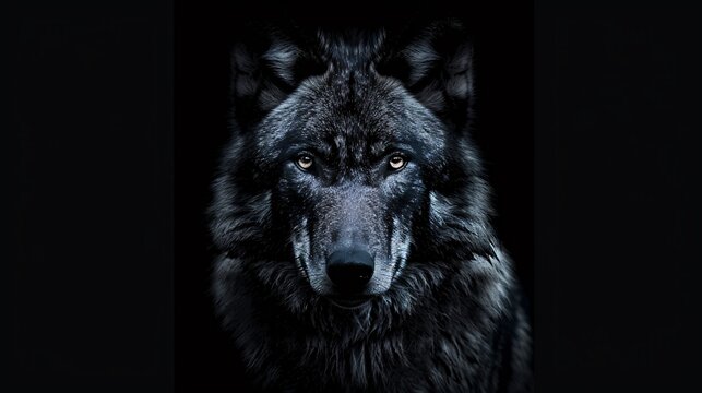 Grey wolf portrait on black background with copy space.