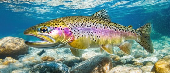 A Rainbow Trout Swimming Through Clear Water and Over Rocks