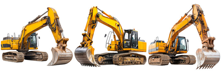 Heavy Construction Equipment Excavators Isolated on Transparent Background