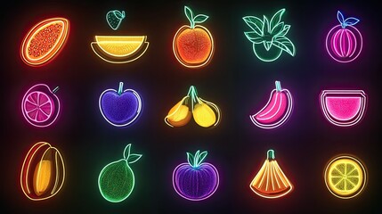 Neon glowing icons of various fruits, representing nutrition and health