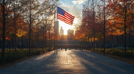 Ground Zero Memorial with an American flag and the autumn foliage creating a serene atmosphere
