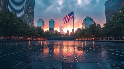 Ground Zero Memorial at dusk with an American flag blowing in the breeze