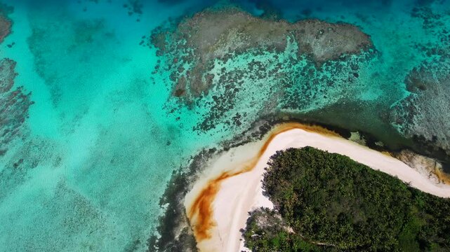 Aerial view of red algae bloom - Red Tide - on coral reef on record hot day in the south Pacific - The effect of climate change on coral reefs
