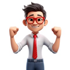 Adult office worker Happy man person successful fists up 3d style cartoon character on white background