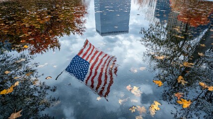 The American flag reflecting in the Ground Zero Memorial pool during a quiet September day