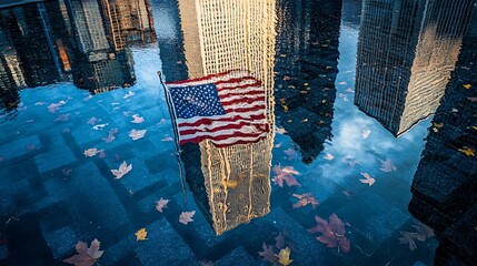 The American flag at Ground Zero with the reflection of the One World Trade Center in the memorial pool