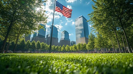 Ground Zero Memorial with a focus on the American flag under a September sky