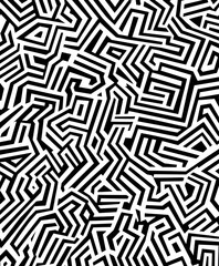 A complex black and white maze pattern with intricate lines and shapes.
