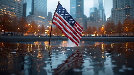 Close-up of the American flag at Ground Zero with the memorial fountains in the background