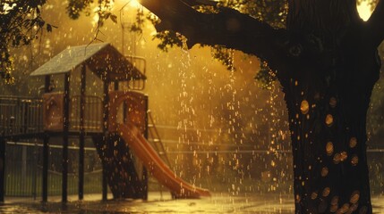 Heavy rainfall impacting trees and a children's play area