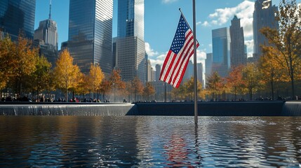 Close-up of the American flag at Ground Zero with the memorial fountains in the background