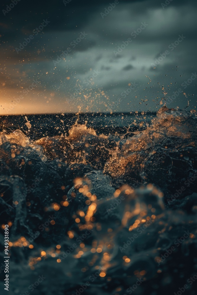 Poster A powerful wave crashes into the ocean on a cloudy day