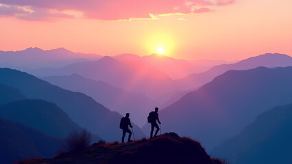 Two hikers trekking along a mountainous ridge at sunset with layers of blue and purple mountains extending into the horizon The sky displays vibrant hues of orange and pink