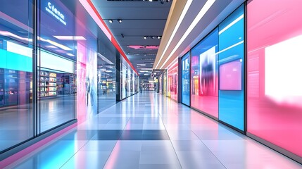 Fototapeta premium Photograph of a futuristic and technologically advanced retail store located within a smart shopping mall featuring cutting edge IoT Internet of Things systems and a sleek minimalist interior design