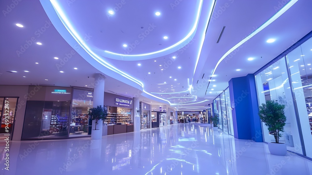 Poster photograph showcasing an iot enabled smart shopping mall with advanced lighting systems highlighting
