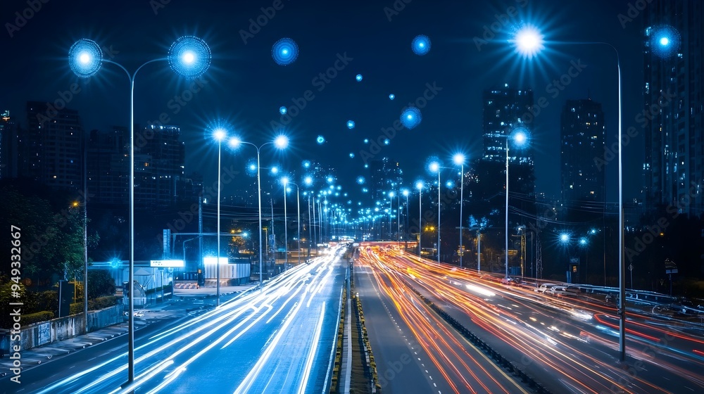 Poster innovative smart streetlights equipped with iot sensors that automatically adjust lighting levels ba