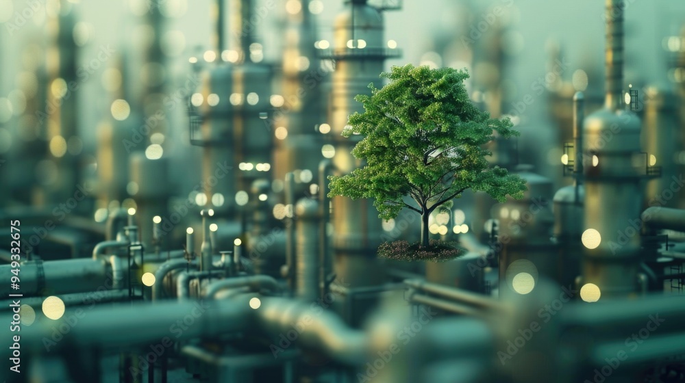 Aufkleber a pipe installation scene with a tree standing tall amidst multiple pipes