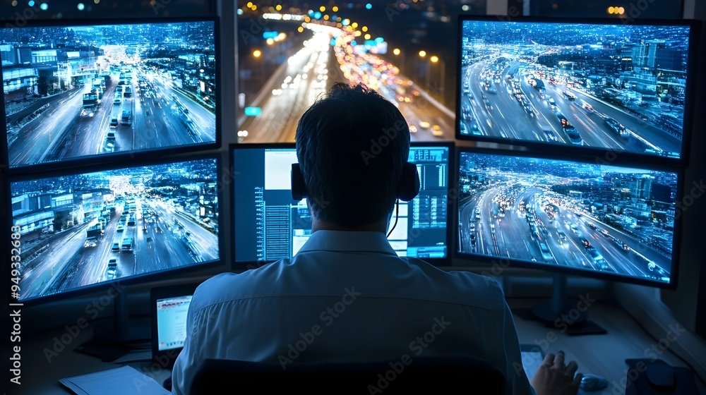 Poster photograph of an iot enabled traffic management center displaying real time data and analytics to mo