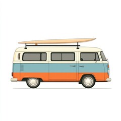 Illustration of a Vintage Camper Van with a Surfboard on Top
