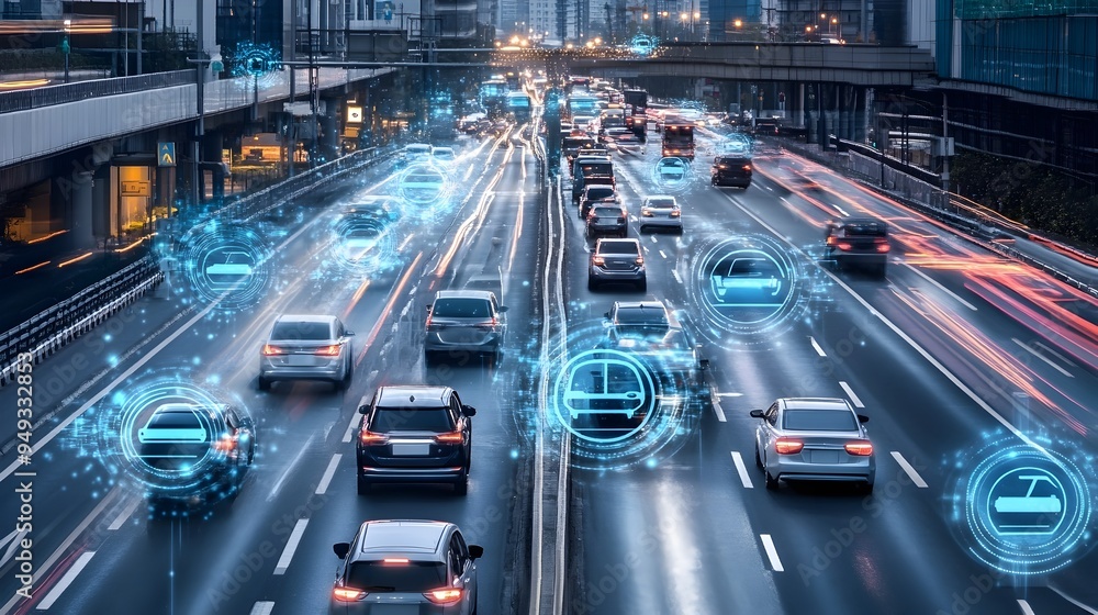Poster a photograph showcasing the of autonomous vehicles with smart traffic systems where advanced technol