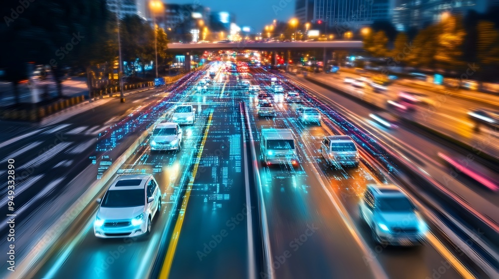 Poster autonomous vehicles seamlessly integrating with smart traffic control systems through the internet o