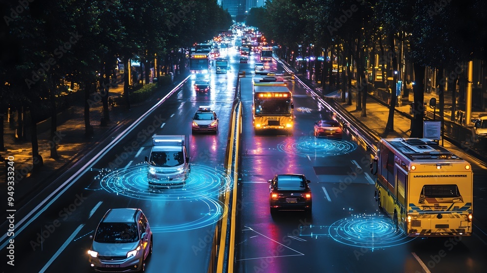 Poster iot equipped emergency vehicles navigating through smart traffic systems for efficient emergency res