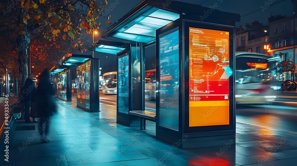 Poster modern bus stops equipped with iot technology that provide real time arrival and schedule informatio