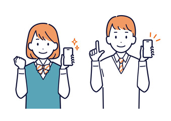 笑顔でスマホを持つ高校生のイラスト
