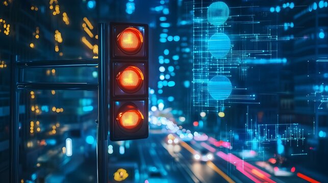 Futuristic smart traffic signal system dynamically adjusting in real time using IoT sensors and analytics to optimize traffic flow improve efficiency and enhance urban transportation safety