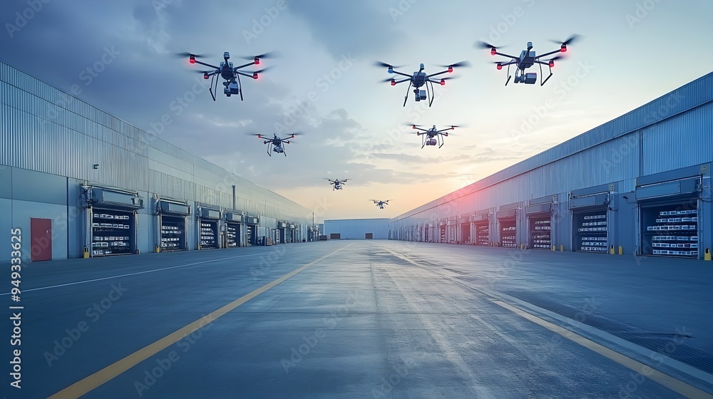 Poster a photograph of a modern state of the art logistics center that utilizes advanced iot technology and