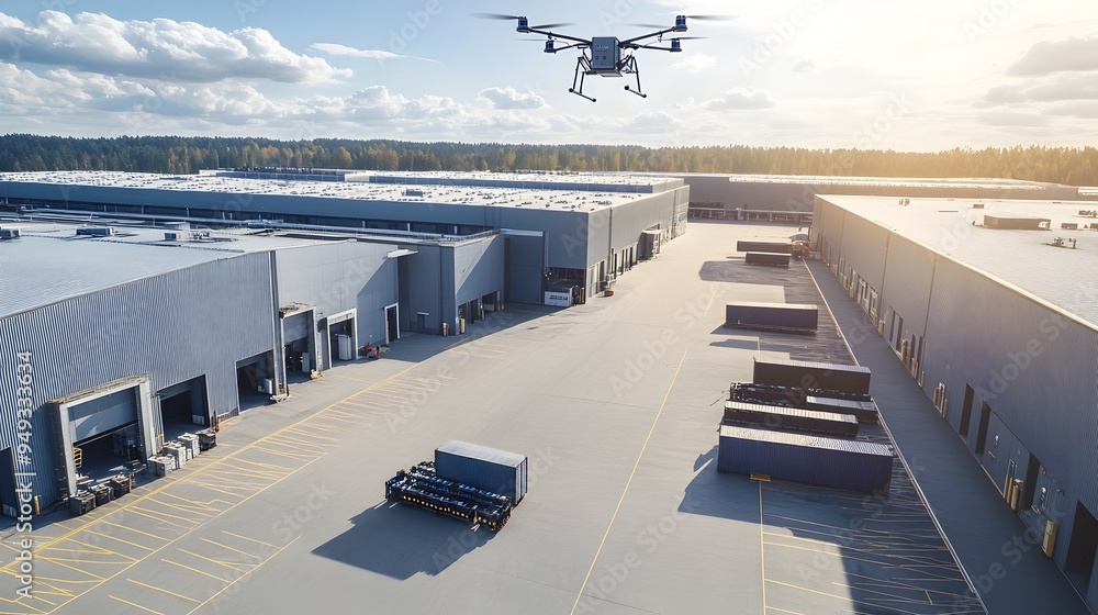 Poster aerial view of a state of the art logistics center utilizing advanced iot technology and autonomous 