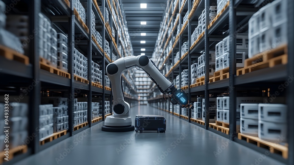 Poster photograph showcasing a state of the art storage facility equipped with robotic arms and iot technol