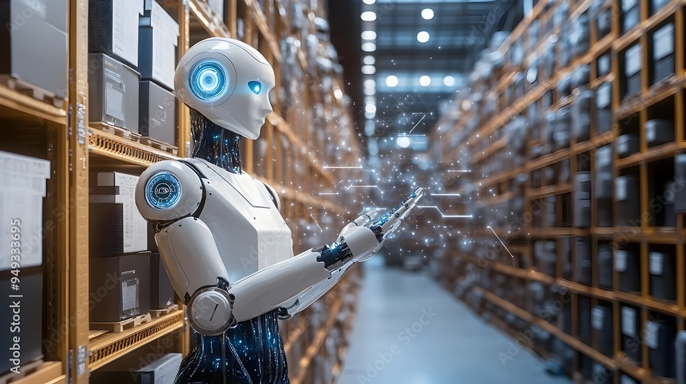 Poster automated high tech storage facility with robotic arms efficiently managing inventory and distributi