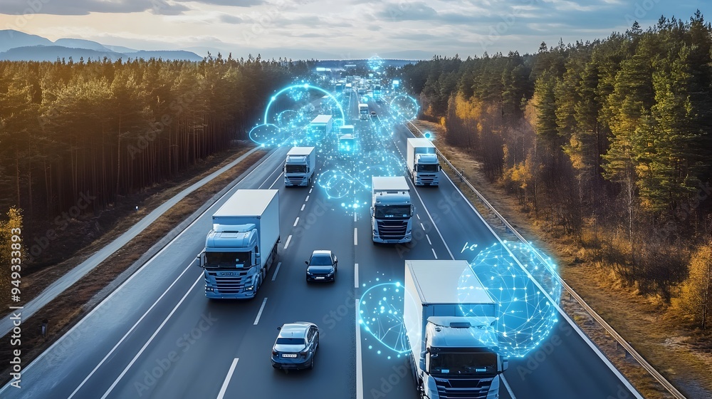 Poster cutting edge iot powered logistics system optimizing delivery routes and for a fleet of trucks to en