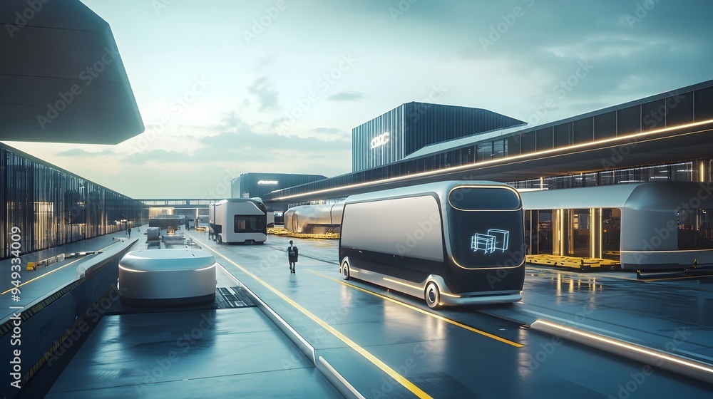 Poster futuristic automated logistics hub with iot connectivity smart infrastructure and autonomous vehicle