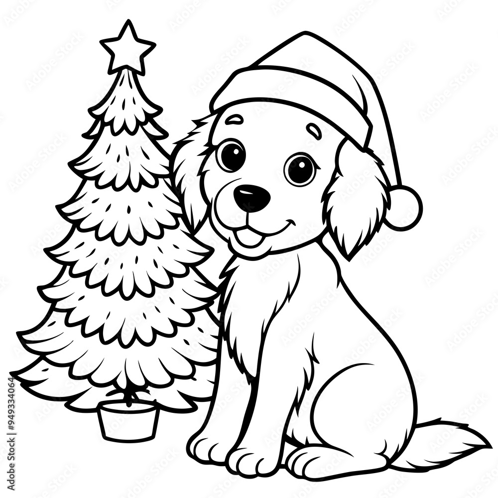 Poster cute puppy wearing santa hat line art