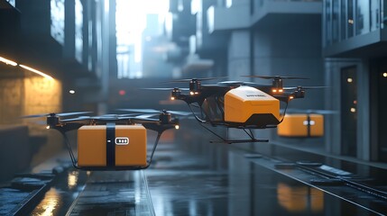 Photograph showcasing IoT enabled drones efficiently delivering packages in a futuristic urban logistics setting