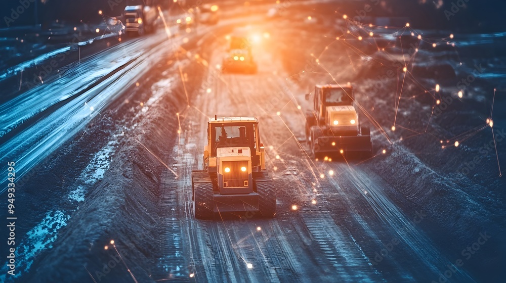 Poster advanced iot connected construction vehicles working seamlessly to build a new efficient and intelli