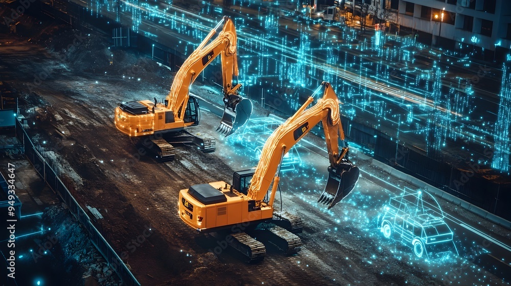 Poster iot connected excavators working on a road construction site advanced digital technology and connect