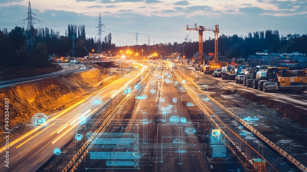 Poster Real Time IoT Data Monitoring at Road Construction Site with Copy Space for Text or Graphic Overlay  Visualization of Sensor Analytics Powering Modern Infrastructure Development